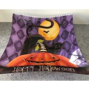 Glass "Happy Halloween" Serving Dish (Pumpkin / Black Cat) (NEW)
